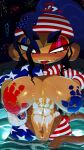 absurd_res american_flag american_flag_clothing anthro beverage_can big_breasts bloons_tower_defense blue_hair blush bodily_fluids bodypaint breasts brown_body brown_fur female fireworks front_view fur goatboydraws hair hand_print_on_breast hand_print_on_stomach haplorhine hi_res mammal monkey ninja_kiwi nipples partially_submerged portrait primate pubes red_eyes saliva sauda_(bloons) solo standing_in_water tail teeth three-quarter_portrait tongue united_states_of_america water wet