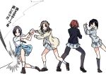  4girls asakura_toru black_socks fukumaru_koito full_body highres higuchi_madoka ichikawa_hinana idolmaster idolmaster_shiny_colors miniskirt multiple_girls noctchill_(idolmaster) pantyhose parody playing_sports pleated_skirt school_uniform simple_background skirt socks speech_bubble spoonkoros tennis_no_ouji-sama translation_request white_background white_socks 