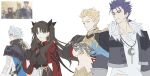  1girl 3boys black_gloves black_hair blue_eyes blue_hair breasts closed_eyes commentary cu_chulainn_(fate) cu_chulainn_(honkai:_star_rail)_(fate) cu_chulainn_(lancer)_(fate) derivative_work earrings fate/stay_night fate/unlimited_blade_works fate_(series) game_screenshot_inset gilgamesh_(fate) gilgamesh_(honkai:_star_rail)_(fate) gloves highres honkai:_star_rail honkai_(series) jacket jewelry kano_kano_777 long_hair multiple_boys phainon_(honkai:_star_rail) ponytail red_eyes red_jacket rin's_pendant_(fate) screenshot_inset screenshot_redraw skirt smile tohsaka_rin tohsaka_rin_(honkai:_star_rail) white_hair 