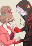  1boy 1girl animal_on_head black_hood breasts brown_eyes brown_hair cleavage clenched_hand commentary_request eyeliner fate/grand_order fate_(series) ganesha_(fate) ganesha_(red_box)_(fate) glasses gloves hair_bun hair_over_eyes highres hood hoodie jinako_carigiri karna_(fate) karna_(santa)_(fate) konoyono_(tuki_hana_teppou) large_breasts makeup on_head pink_hoodie purple_tube_top red_eyeliner red_gloves single_hair_bun single_side_bun strapless translation_request tube_top white_hair 