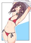  1girl armpits arms_up bandaged_leg bandages belt_collar bikini bikini_day blue_background blush border breasts brown_hair collar commentary cowboy_shot highres kono_subarashii_sekai_ni_shukufuku_wo! looking_at_viewer megumin navel noyama_takenoko open_mouth outline outside_border red_bikini red_eyes shirt short_hair_with_long_locks side-tie_bikini_bottom simple_background small_breasts solo stomach swimsuit two-tone_background undressing white_background white_border white_outline white_shirt 