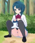  1girl :/ aizawa_kazuha assault_lily asymmetrical_hair bangs black_footwear black_shirt black_thighhighs blue_eyes blue_hair blue_pubic_hair blue_skirt blunt_bangs bow bowtie bush censored closed_mouth clothes_lift colored_pubic_hair commentary_request day female_pubic_hair forest frilled_skirt frills full_body hands_up haniwa_(kiminozorazio) herensuge_girls_academy_school_uniform highres jacket jewelry lifted_by_self light_blush long_sleeves looking_away medium_hair miniskirt mosaic_censoring nature outdoors panties panty_pull peeing pubic_hair puddle pussy red_bow red_bowtie ring school_uniform shirt shoes skirt skirt_lift solo squatting thighhighs tree underwear upskirt white_jacket white_panties 