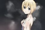  1girl blonde_hair blue_eyes completely_nude erica_hartmann highres hmd_1800 looking_at_viewer nude profile short_hair simple_background solo strike_witches towel upper_body world_witches_series 