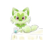  :3 cat closed_mouth commentary_request glass looking_at_viewer no_humans pink_eyes pokemon pokemon_(creature) sitting smile solo sprigatito table tablecloth takky_pic water white_background 