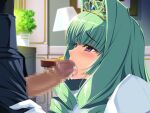  1boy 1girl blush censored cum cum_in_mouth dress drill_hair fellatio game_asset gloves gold_tiara green_hair hair_intakes hetero himekishi_olivia inoino lamp long_hair mosaic_censoring non-web_source official_art olivia_lindegald open_fly oral penis purple_eyes saliva self-datamine solo_focus tiara tongue tongue_out variant_set visual_novel_cg white_dress white_gloves 