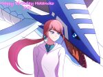  1girl aki_dgmbb blue_eyes breasts closed_mouth digimon digimon_(creature) digimon_beatbreak happy_birthday highres hood hooded_sweater kanuma_hotaruko long_hair pink_hair simple_background smile sweater tylomon upper_body white_background white_sweater 