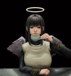 1girl absurdres angel angry black_hair commentary_request cup haibane_renmei halo highres long_hair reki_(haibane_renmei) ryugo_(ryudenshi_ringa) solo staring wings 