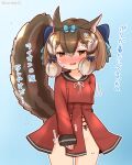  1girl animal_costume animal_ear_fluff animal_ears blush brown_eyes brown_hair chipmunk_costume chipmunk_ears chipmunk_girl chipmunk_tail coroha extra_ears kemono_friends kemono_friends_v_project looking_at_viewer multicolored_hair open_mouth ribbon shirt short_hair siberian_chipmunk_(kemono_friends) simple_background skirt solo sweat tail virtual_youtuber 