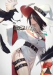  1girl absurdres animal bare_shoulders belt belt_buckle bird black_belt black_hair breasts buckle cleavage closed_mouth commentary cowboy_shot crow dress fantasy feathers green_eyes grey_background hair_over_one_eye hakusyokuto hat hat_belt highres holding jewelry lantern large_breasts long_sleeves multiple_belts necklace off-shoulder_dress off_shoulder original panties prosthesis prosthetic_arm short_hair side-tie_panties side_slit simple_background smile solo thigh_strap thighs underwear white_dress white_hat wide_sleeves witch witch_hat 
