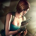  1girl artist_name beretta_92 black_gloves blue_eyes blue_tube_top breasts brown_hair cleavage commentary demento_liszt english_commentary fingerless_gloves gloves gun handgun highres holding holding_gun holding_weapon jill_valentine resident_evil resident_evil_3:_nemesis short_hair strapless tube_top weapon 