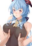  1girl 1other bangs bare_arms bare_shoulders bell blue_hair blush breast_grab breasts ganyu_(genshin_impact) genshin_impact grabbing horns long_hair looking_at_viewer medium_breasts neck_bell paid_reward_available pan8 purple_eyes sidelocks sleeveless upper_body 