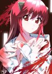  1girl absurdres bangs blood collarbone collared_shirt commentary_request dress_shirt elfen_lied hair_between_eyes hands_up highres inushima long_sleeves looking_at_viewer lucy_(elfen_lied) red_eyes red_hair shirt signature solo upper_body white_shirt 