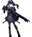 1girl absurdres bandaged_arm bandages black_choker black_dress black_gloves black_hair black_hat black_jacket black_pantyhose black_ribbon black_shoes choker collared_dress dress full_body gloves goggles goggles_on_headwear grey_eyes gun hat highres holding holding_gun holding_weapon jacket kurobe_nanoka long_hair mahou_shoujo_no_majo_saiban neck_ribbon open_clothes open_jacket pantyhose plaid_clothes plaid_dress ribbon rifle shoes simple_background single_glove solo twintails unless29 weapon white_background 