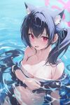  1girl @_@ absurdres animal_ear_fluff animal_ears bare_shoulders bikini black_bikini black_hair blue_archive blush breasts cat_ears cat_girl cleavage collarbone commentary extra_ears fang frilled_bikini frills hair_between_eyes hair_ribbon halo highres large_breasts long_hair looking_at_viewer mii_ee2 official_alternate_costume open_mouth partially_submerged red_eyes ribbon serika_(blue_archive) serika_(swimsuit)_(blue_archive) solo swimsuit twintails water wet 