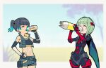  2girls armguards belt blue_hair chest_jewel closed_eyes crop_top drinking electron_p2000 fiery_hair fingerless_gloves gloves green_hair hand_on_hip ino_(xenoblade) loose_belt multiple_girls navel robot sena_(xenoblade) short_hair short_shorts shorts side_ponytail stomach thermos vest xenoblade_chronicles_(series) xenoblade_chronicles_3 