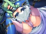  1girl armor armored_dress bdsm bit_gag blue_armor blush bondage bound bow breasts cameltoe cleavage cleave_gag cloth_gag clothes_lift dress dress_lift drill_hair gag gagged game_asset garter_belt garter_straps gold_tiara gold_trim green_hair himekishi_olivia improvised_gag inoino large_breasts long_hair lying mouth_hold non-web_source official_art olivia_lindegald on_back panties pauldrons pink_panties pink_thighhighs purple_eyes pussy_juice self-datamine shoulder_armor skirt skirt_lift solo spread_legs thighhighs tiara underwear variant_set visual_novel_cg wet wet_clothes wet_panties 