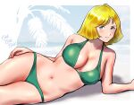  1girl aqua_eyes artist_logo bikini blonde_hair breasts commentary english_commentary green_bikini gundam halterneck hand_on_own_thigh highres kenken28937178 logo looking_at_viewer lying medium_hair mixed-language_commentary mobile_suit_gundam navel on_side sayla_mass solo swimsuit 