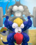  4:5 abs anthro anthro_on_anthro artist_name balls barazoku beach bench_press biceps big_balls big_bulge big_muscles big_penis blue_eyes bulge cake centaurus dessert digital_media_(artwork) dragon duo flaccid flexing food foreskin front_view genitals grey_body grin happy hi_res huge_balls huge_bulge huge_muscles huge_penis humanoid_genitalia humanoid_penis hyper hyper_balls hyper_bulge hyper_genitalia hyper_muscles hyper_penis kardukk kobold lying male male/male multicolored_body muscular muscular_anthro muscular_male nite_(danandnite) nude pecs penis pose reptile scalie seaside shaded signature simple_background smile standing teasing tongue tongue_out two_tone_body two_tone_tail vein white_body 