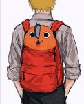  1boy backpack bag blonde_hair chainsaw chainsaw_man collared_shirt denji_(chainsaw_man) fangs hands_in_pockets highres in_bag in_container looking_at_viewer looking_away open_mouth pochita_(chainsaw_man) raberu_ruru red_bag shirt short_hair simple_background sleeves_rolled_up white_background white_shirt 