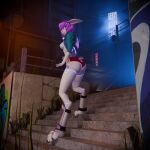 1:1 3d_(artwork) absurd_res android anthro blender_(artwork) blender_eevee_(artwork) clothed clothing cybernetic_arm cybernetic_leg cybernetic_limb cybernetics cyberpunk digital_media_(artwork) female fog foggy_background gun hair hi_res huge_filesize lagomorph leporid machine mammal mokson neon_lights neon_sign night outline rabbit ranged_weapon robot short_hair sign solo street weapon