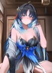  1girl ahoge bare_shoulders black_dress black_hair blue_eyes blue_hair blurry blurry_background blush body_markings breasts check_commentary chinese_commentary cleavage collarbone colored_inner_hair commentary_request convenient_censoring dress feather_hair hair_intakes hair_ornament hand_up has_bad_revision has_cropped_revision highres indoors jacket long_hair looking_at_viewer md5_mismatch medium_breasts mole mole_under_eye multicolored_hair no_panties off_shoulder paid_reward_available parted_bangs parted_lips ru_zhai solo spread_legs strapless strapless_dress sweat tacet_mark_(wuthering_waves) white_jacket wuthering_waves yangyang_(wuthering_waves) yangyang_(xuanling)_(wuthering_waves) 