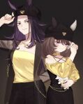 2girls animal_ears beanie black_background black_dress black_hair black_hat black_jacket black_pants brown_hair chain chise_(yoakenojikan) commentary_request dress ear_covers ears_through_headwear fenomeno_(gold-triumph)_(umamusume) fenomeno_(umamusume) flipped_hair gold_chain gold_necklace gradient_background hand_puppet hat highres horse_ears horse_girl jacket jewelry long_hair long_sleeves looking_at_viewer marche_lorraine_(gold-triumph)_(umamusume) marche_lorraine_(umamusume) mismatched_ear_covers multicolored_hair multiple_girls necklace official_alternate_costume pants puppet purple_eyes purple_hair shirt simple_background umamusume yellow_shirt yellow_sleeves 