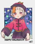  1girl arashi_chisato black_skirt blunt_bangs border commentary double_bun grey_hair hair_bun halloween_costume happy_halloween hat highres jiangshi jiangshi_costume long_hair long_sleeves looking_at_viewer love_live! love_live!_superstar!! ofuda ofuda_on_head open_mouth outside_border outstretched_arms qingdai_guanmao red_eyes red_shirt shirt signature skirt solo taneda_yuuta tree untranslatable_commentary white_border zombie_pose 