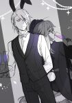  1boy 1girl animal_ears arm_behind_back ass blue_eyes bow bowtie butler champagne_flute coat commentary_request cup drinking drinking_glass eyeliner eyes_visible_through_hair fake_animal_ears fake_tail fate/extra fate/extra_ccc fate_(series) fishnet_thighhighs fishnets frown fur-trimmed_thighhighs fur_trim gloves greyscale hair_over_one_eye hat highres holding holding_cup holding_tray jinako_carigiri karna_(fate) konoyono_(tuki_hana_teppou) leotard makeup monochrome nontraditional_playboy_bunny playboy_bunny rabbit_ears rabbit_tail red_eyeliner sleeves_past_wrists spot_color spotlight striped_clothes striped_vest tail thighhighs tilted_headwear traditional_bowtie tray vertical-striped_clothes vertical-striped_vest vest 