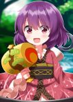  1girl blurry blush bowl brown_sash commentary_request depth_of_field frilled_sleeves frills highres holding holding_mallet in_bowl in_container japanese_clothes kimono long_sleeves looking_at_viewer mallet medium_hair mini_person minigirl missing_headwear needle needle_sword obi open_mouth outdoors pink_kimono purple_hair red_eyes ruu_(tksymkw) sash smile solo sukuna_shinmyoumaru touhou weapon weapon_on_back wide_sleeves 