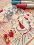 1girl art_tools_in_frame ascot bat_wings blue_hair blush candle collared_shirt commentary flower hair_between_eyes hat hat_ribbon highres mob_cap neruko_(piano00324) open_mouth photo_(medium) red_ascot red_eyes red_flower red_rose remilia_scarlet ribbon rose shikishi shirt skirt skirt_set smile solo touhou traditional_media white_hat white_shirt white_skirt wings 