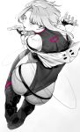  1girl absurdres ass bare_shoulders belt boots clothing_cutout commentary_request cropped_jacket cyberpunk:_edgerunners cyberpunk_(series) cyborg dynamic_pose fingerless_gloves gloves highleg highleg_leotard highres hip_vent leotard looking_at_viewer lucy_(cyberpunk) monochrome monowire niwarhythm off-shoulder_jacket off_shoulder pants short_hair_with_long_locks turtleneck turtleneck_leotard 