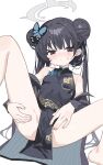  1girl black_hair blue_archive blush butterfly_hair_ornament china_dress chinese_clothes double_bun dragon_print dress grey_halo hair_bun hair_ornament halo highres jacket kisaki_(blue_archive) long_hair looking_at_viewer measho simple_background spread_legs spread_pussy striped_clothes striped_jacket vertical-striped_clothes vertical-striped_jacket 
