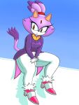 2026 3:4 :< absurd_res accessory anthro black_nose blaze_the_cat blue_background bottomwear breasts clothing coat colored digital_media_(artwork) domestic_cat eyelashes felid feline felis female footwear forehead_gem g_sense gem gloves hair hair_accessory hairband handwear hi_res mammal pants pink_clothing pink_footwear pink_shoes purple_body purple_clothing purple_coat purple_ears purple_hair purple_tail purple_tailcoat purple_topwear red_gem red_hairband sega shaded shoes simple_background sitting small_breasts solo sonic_the_hedgehog_(series) tail tailcoat tan_inner_ear thick_thighs topwear white_bottomwear white_clothing white_gloves white_handwear white_pants yellow_eyes