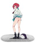  1girl absurdres amate_yuzuriha aqua_eyes ass black_boots blue_shirt blue_skirt boots closed_mouth clothes_lift collared_shirt commentary_request commission from_behind grey_socks gundam gundam_gquuuuuux haro highres kneepits lifting_own_clothes long_sleeves looking_at_viewer looking_back miniskirt necktie no_panties pixiv_commission pleated_skirt red_hair red_necktie sbel02 school_uniform shadow shirt short_hair skirt skirt_lift smile socks solo standing sweater white_background 