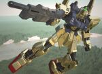  3d aeug beam_rifle cable commentary_request energy_gun flying freefall gundam hyaku_shiki jungle logo mecha mecha_focus mobile_suit nature no_humans realistic river robot roundel scene_reference science_fiction t_h_factory weapon zeta_gundam 