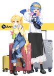  2girls absurdres ahoge black_boots black_skirt black_socks blonde_hair blue_eyes blue_shirt blush bocchi_the_rock! boots commentary crocs eltir gotoh_hitori gotoh_hitori_(tsuchinoko) hair_ornament hairclip headphones headphones_around_neck highres ijichi_nijika long_hair long_sleeves mole mole_under_eye multiple_girls one_eye_closed open_mouth orange_eyes rolling_suitcase shirt side_ponytail skirt sleep_mask socks suitcase white_shirt yamada_ryo yawning yellow_shirt 