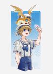  1boy blonde_hair blue_eyes blue_neckerchief colored_skin commentary digimon digimon_(creature) digimon_adventure gem hat head_wings highres lanlllan male_focus multicolored_skin neckerchief open_mouth orange_skin patamon sailor sailor_collar sailor_hat sailor_shirt shirt short_sleeves shorts smile sparkling_eyes takaishi_takeru two-tone_skin untranslatable_commentary wings 