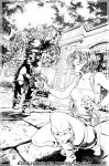  1boy 2boys artist_name beretta_92 brad_vickers commentary copyright_name english_commentary fingerless_gloves gloves gun handgun holding holding_gun holding_weapon ink jill_valentine kinojokinart leather miniskirt multiple_boys nemesis_(resident_evil) one-eyed resident_evil resident_evil_3:_nemesis short_hair skirt squatting stitched_face stitches strapless tentacles tube_top weapon 
