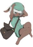  1girl animal_ears bag barefoot beret between_breasts black_shorts blush breasts closed_eyes closed_mouth commentary_request dark-skinned_female dark_skin dress floppy_ears full_body green_eyes green_hat green_sweater grenadier_rabbit handbag hands_on_headwear hanoyama hat highres one_eye_closed rabbit_and_steel rabbit_ears rabbit_girl short_hair shorts simple_background sleeveless sleeveless_dress sleeveless_sweater small_breasts solo strap_between_breasts sweater sweater_dress white_background white_hair 