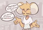9hammer anthro big_ears city city_background clothing dialogue explicit_text eyes_closed head_tuft hi_res male mammal mix_(9hammer) nonbinary_(lore) rodent shirt solo speech_bubble t-shirt topwear tuft