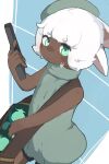  1girl animal_ears bag beret blue_background closed_mouth commentary_request cowboy_shot dark-skinned_female dark_skin dress explosive finger_on_trigger floppy_ears green_dress green_eyes green_hat grenade grenadier_rabbit gun handbag handgun hat highres holding holding_gun holding_weapon looking_at_viewer ninjinshinshi rabbit_and_steel rabbit_ears rabbit_girl short_eyebrows short_hair sleeveless sleeveless_dress solo sweatdrop turtleneck turtleneck_dress v-shaped_eyebrows weapon white_hair 