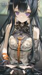 1girl 1other absurdres bare_shoulders black_beacon black_gloves black_hair blurry blurry_background copyright_name copyright_notice detached_sleeves dress fingerless_gloves gloves highres holding holding_hands holding_string indoors logo long_hair long_sleeves looking_down official_art official_wallpaper pov pov_hands puffy_long_sleeves puffy_sleeves purple_eyes single_detached_sleeve sleeveless sleeveless_dress smile solo_focus string table upper_body white_dress yuli_(black_beacon) 