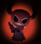  1other black_sclera black_skin cloak colored_sclera colored_skin full_body grey_cloak grin highres holding hollow_eyes hollow_knight horned_mask horns jotmanlol knight_(hollow_knight) mask meme nail_(hollow_knight) red_background red_eyes smile standing teeth tongue tongue_out weapon zesty_sonic_(meme) 