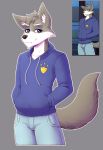  2022 anthro blue_clothing blue_eyes book_of_lust canid canine canis clothed clothing fully_clothed fur grey_background grey_body grey_fur hi_res kanashiipanda male male/male mammal mel_price simple_background solo stefano_d&#039;angelo white_body white_fur wolf 