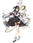  1girl absurdres ankle_bow ankle_socks arm_garter bai_winchester bare_shoulders black_arm_garter black_bow black_bowtie black_dress black_hair black_shoes black_wrist_cuffs bow bowtie braid breasts cleavage cleavage_cutout closed_mouth closers clothing_cutout crossed_legs crown_braid dress dress_bow floating_hair flower flute frilled_dress frilled_thigh_strap frills full_body hair_between_eyes hair_bow hands_up heterochromia highres holding holding_flute holding_instrument incredibly_absurdres instrument long_hair mary_janes medium_breasts official_art pink_eyes purple_eyes purple_flower see-through_clothes see-through_socks shoes short_dress sleeveless sleeveless_dress smile socks solo standing tachi-e thigh_strap transparent_background violin watson_cross white_flower white_socks wrist_cuffs 