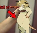  2022 6_nipples ambiguous_gender autism belly belly_nipples big_belly black_ears brown_nose didelphid digital_media_(artwork) fangs feral full_of_soup fur holding_another human male mammal marsupial meme micerunt multi_nipple nipples paws photo_background robin_(vucyak) tan_body tan_fur teeth traced white_body white_face white_fur 