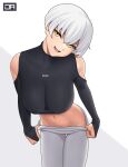 1girl :d breasts clothing_cutout girls&#039;_frontline head_tilt highres j_adsen large_breasts leaning_forward leggings looking_at_viewer navel open_mouth original short_hair shoulder_cutout signature simple_background smile solo svu_(girls&#039;_frontline)_(j_adsen) undressing white_background white_hair white_leggings yellow_eyes 