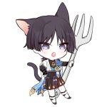  1boy animal_ears arm_at_side armor belt black_belt black_bodysuit black_bow black_bridal_gauntlets black_hair black_sandals black_shorts black_tail blue_cape blue_gem blue_kimono blue_sleeves blunt_ends blush bodysuit bow bridal_gauntlets cape cat_boy cat_ears cat_tail chibi chibi_only eyeliner fang feathers fork full_body furisode gem genshin_impact gold_ring hakama hakama_shorts holding holding_fork japanese_armor japanese_clothes juban kimono kote kurokote kusa_013yyds large_bow layered_sleeves leg_warmers looking_to_the_side makeup male_focus mandarin_collar middle_ring open_clothes open_kimono open_mouth outstretched_arm pleated_shorts pom_pom_(clothes) purple_eyes purple_rope purple_sash red_eyeliner rope sandals sash scaramouche_(genshin_impact) short_sleeves shorts side_cape solo tail tassel tsurime vision_(genshin_impact) wanderer_(genshin_impact) white_kimono white_leg_warmers white_sleeves white_trim wispy_bangs yellow_feathers zouri 