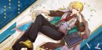  1boy arm_support black_pants blonde_hair book buttons chalk commentary_request cross_akiha crossed_legs fate/grand_order fate_(series) foot_out_of_frame full_body gilgamesh_(caster)_(fate) gilgamesh_(fate) gilgamesh_(fgo_fes._2026)_(fate) gloves gold_shoes grey_gloves grin hand_up highres invisible_chair layered_clothes long_sleeves looking_at_viewer male_focus pants red_eyes shoes short_hair single_glove sitting smile solo three-quarter_sleeves 