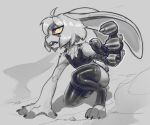 2026 3_toes 4_fingers action_pose action_scene ahoge angry anthro arm_tuft bangs bent_legs black_clothing black_legwear black_shirt black_tank_top black_thigh_highs black_topwear buckteeth chest_tuft claws clothing clover_(polygoncherub) colored cybernetic_arm cybernetic_limb cybernetics cyberpunk cyborg detailed digital_drawing_(artwork) digital_media_(artwork) dust dust_cloud eyebrows feet female female_anthro fingers flat_chested full-length_portrait glistening_thighs grey_background hair hand_on_ground hi_res lagomorph legwear leporid long_ears machine mammal monochrome nub_tail open_mouth portrait pose rabbit red_eyes robot_anthro shaded shirt short_hair shoulder_tuft side_bangs simple_background sketch tank_top teeth thigh_highs toes topwear tuft w4g4 yellow_sclera